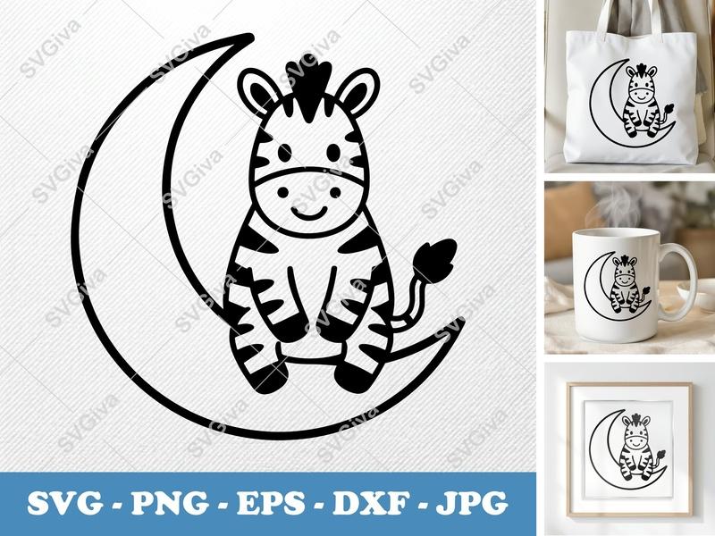 Zebra on Moon SVG | Friendly Bean-Shaped Design | PNG DXF EPS | Cricut Silhouette File