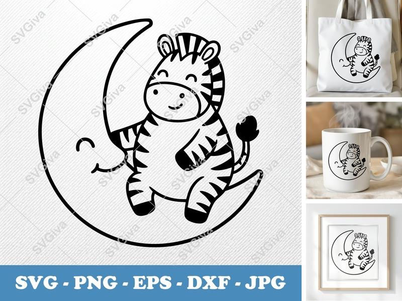 Zebra on Moon SVG, Puffy Shape Vector | Inflated Cushion Art | PNG DXF EPS for Cricut & Silhouette | Cute Animal
