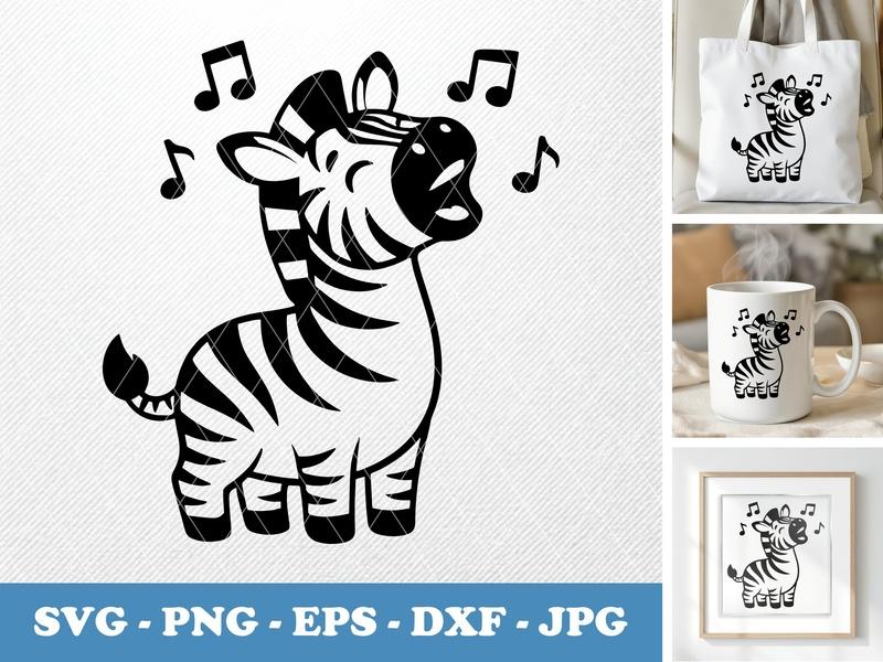 Zebra singing Puffy Style SVG, Animal Cut File, Cute Zebra Clipart, Cricut Svg, Silhouette Design, PNG, DXF, EPS