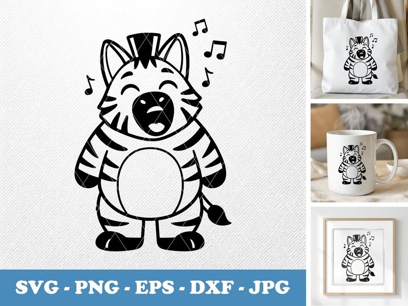Zebra singing, Rounded Body SVG, Friendly Bean-Shaped Design, White Circle, Cricut Cut File, PNG DXF EPS Vector Clipart