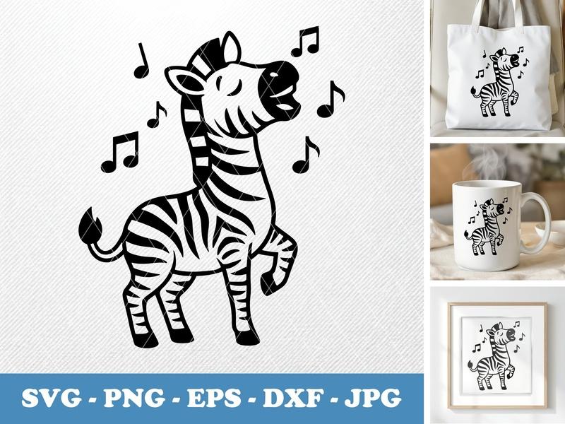 Zebra singing SVG, Bold Black Contour, Clean White Fill Cut File, Cricut Silhouette, Animal Clipart, Png Dxf Eps Vector