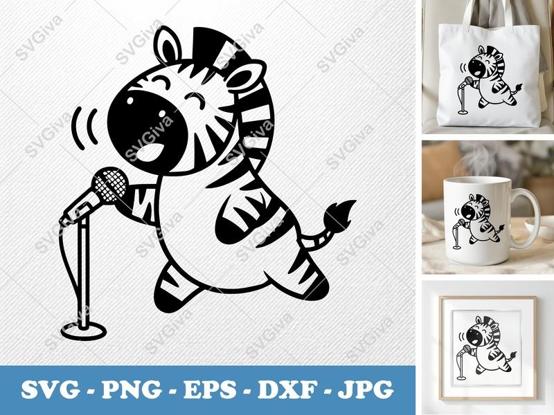 Zebra Singing SVG | Cute Animal Microphone PNG EPS DXF | Cricut Silhouette Cut File | Modern Cartoon Clipart