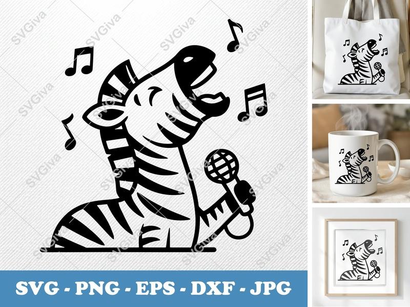 Zebra Singing SVG | Double-Outline Minimalist Art | PNG DXF EPS | Cricut Silhouette File
