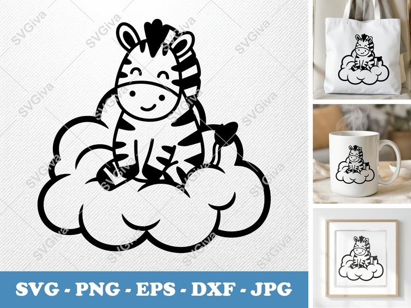 Zebra Sitting on a Cloud SVG | Friendly Bean-Shaped Design | PNG DXF EPS | Cricut Silhouette File