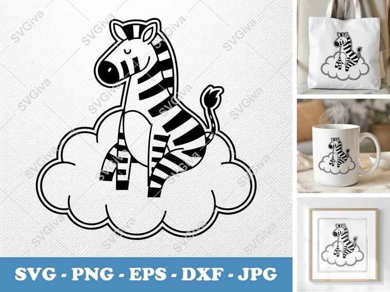 Zebra Sitting on Cloud SVG | Outlined Minimalist Cut File | PNG DXF EPS for Cricut Silhouette