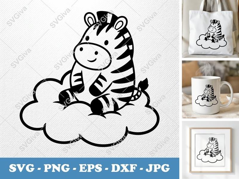 Zebra Sitting on Cloud SVG | Puffy Cartoon Style | PNG DXF EPS | Cricut Silhouette File