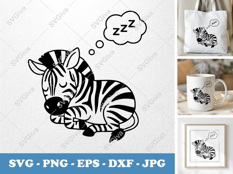 Zebra Sleeping SVG | Cartoon Animal Cut File | Bold Black Contour, Clean White Fill | PNG DXF EPS | Cricut Silhouette File