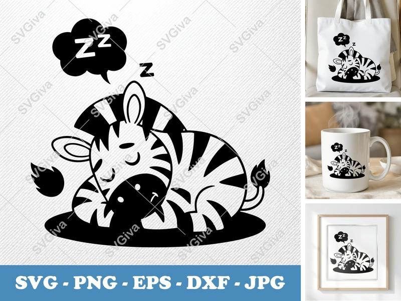 Zebra Sleeping SVG, Cute Animal PNG, EPS, DXF | Modern Cartoon Cut File for Cricut & Silhouette, Baby Nursery Art
