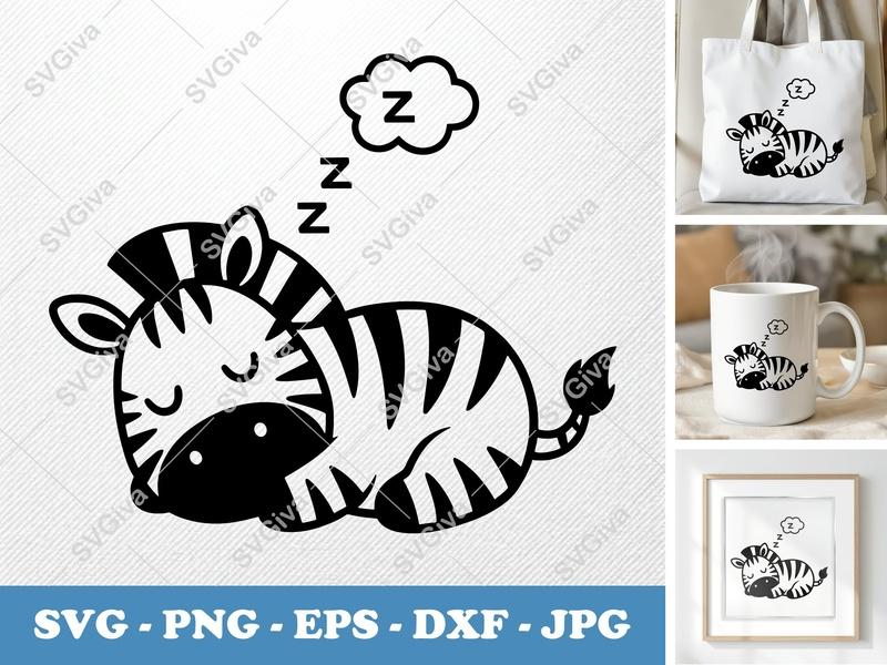 Zebra Sleeping SVG, Cute Zebra Napping PNG EPS DXF | Cricut Silhouette File, Baby Animal Decal, Nursery Decor
