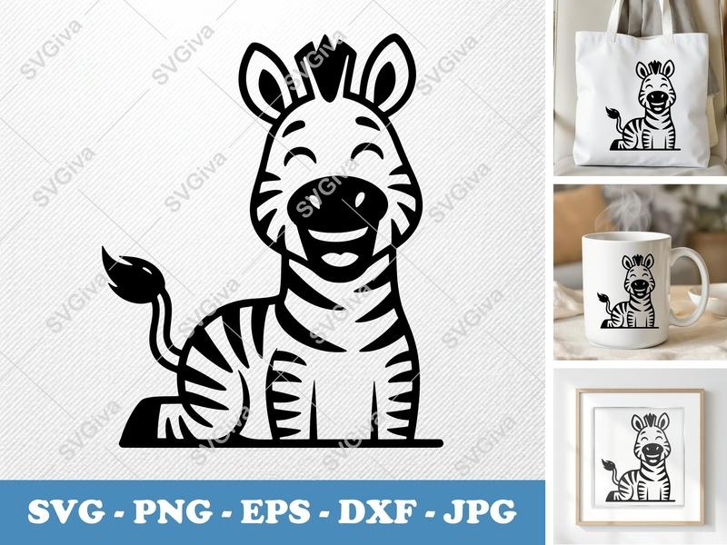 Zebra Smiling Happily SVG | Outline Cartoon Cut File | SVG PNG DXF EPS | Cricut Silhouette | Minimalist Animal Design