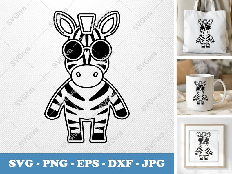 Zebra SVG Cut File | Cool Zebra with Sunglasses PNG EPS DXF | Cricut Silhouette Design | Modern Animal Clipart