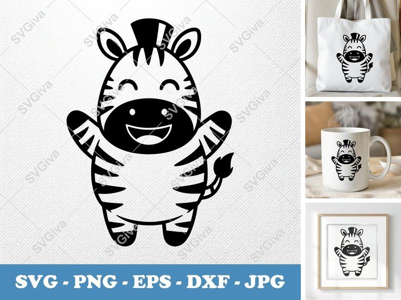 Zebra SVG Cut File | Cute Cartoon Animal, Modern Happy Zebra | PNG EPS DXF for Cricut, Silhouette, Vinyl Decal, Kids Craft