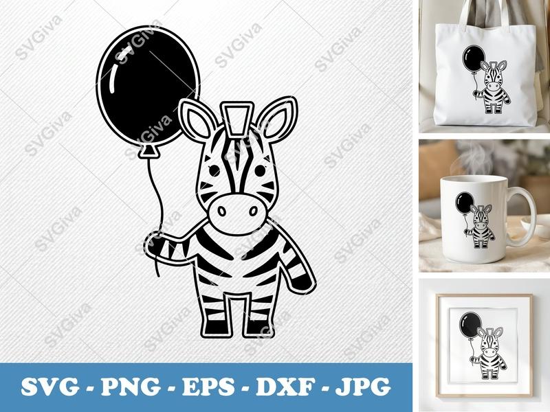 Zebra SVG Cut File | Cute Zebra with Balloon | PNG EPS DXF | Cricut Silhouette Design | Safari Animal Clipart