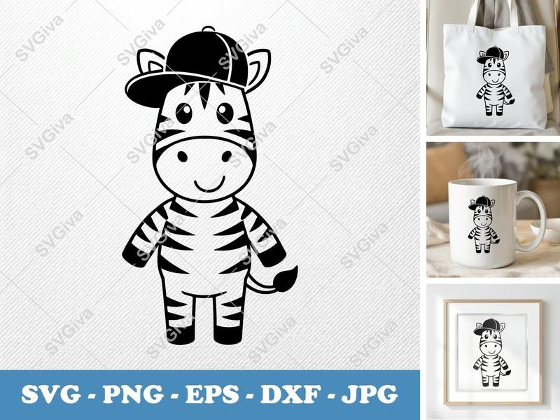 Zebra SVG Cut File | Hip Hop Zebra with Hat, Modern Cartoon Animal | PNG EPS DXF for Cricut, Silhouette, Vinyl Decal