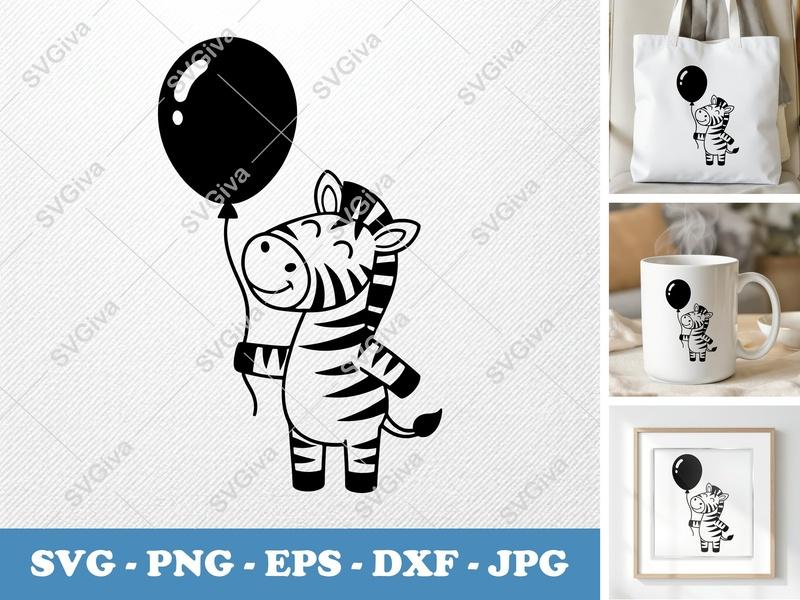 Zebra SVG, Cute Balloon Zebra, Cartoon Animal Cut File, PNG EPS DXF | Cricut Silhouette File, Kids Craft, Party Decor