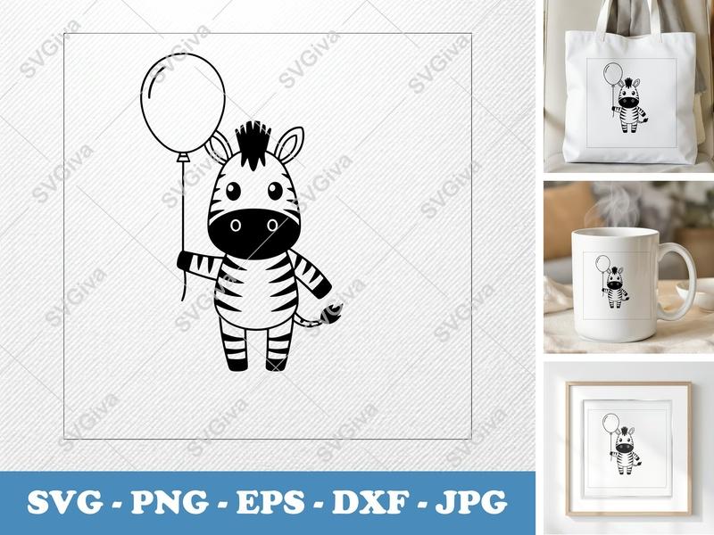 Zebra SVG, Cute Balloon Zebra Cut File, Modern Animal Clip Art, PNG EPS DXF for Cricut & Silhouette, Safari Party