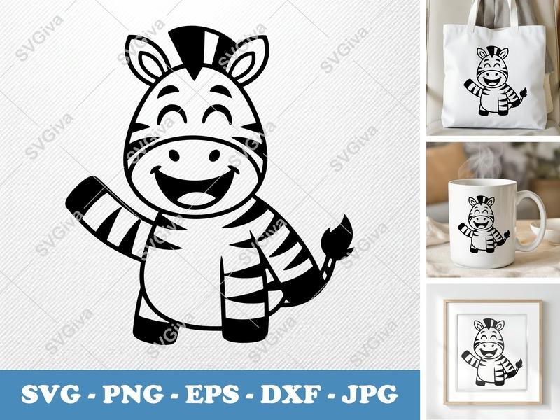 Zebra SVG, Cute Waving Cartoon Animal Clipart, Digital Download PNG EPS DXF for Cricut & Silhouette, Modern Kids Safari Design