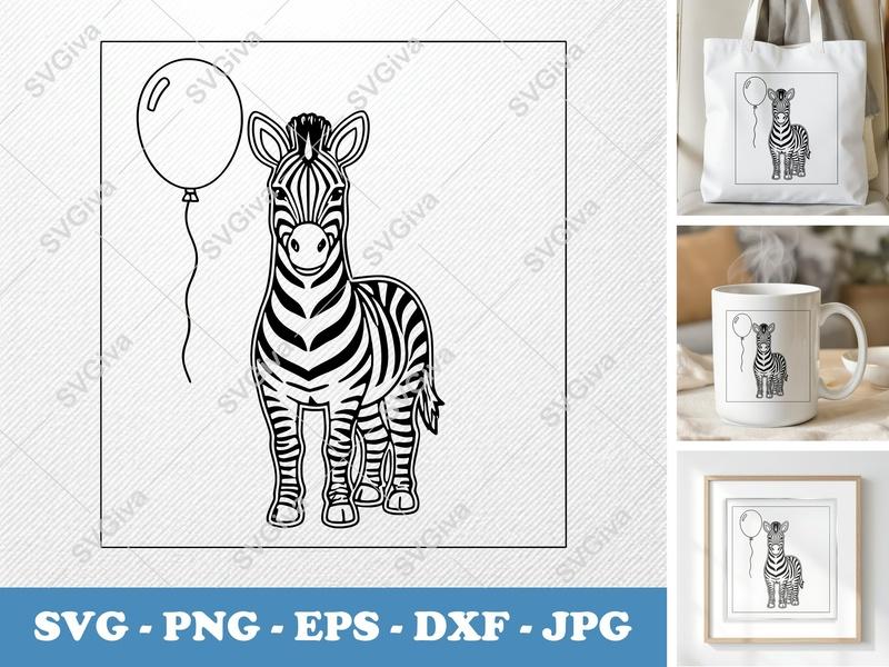 Zebra SVG, Cute Zebra with Balloon SVG, Animal Clipart, PNG EPS DXF | Cricut & Silhouette Cut File, Birthday Party Design