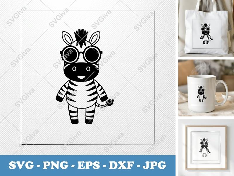 Zebra SVG, Cute Zebra with Glasses Cut File | PNG EPS DXF | Cricut Silhouette | Modern Safari Animal Clipart