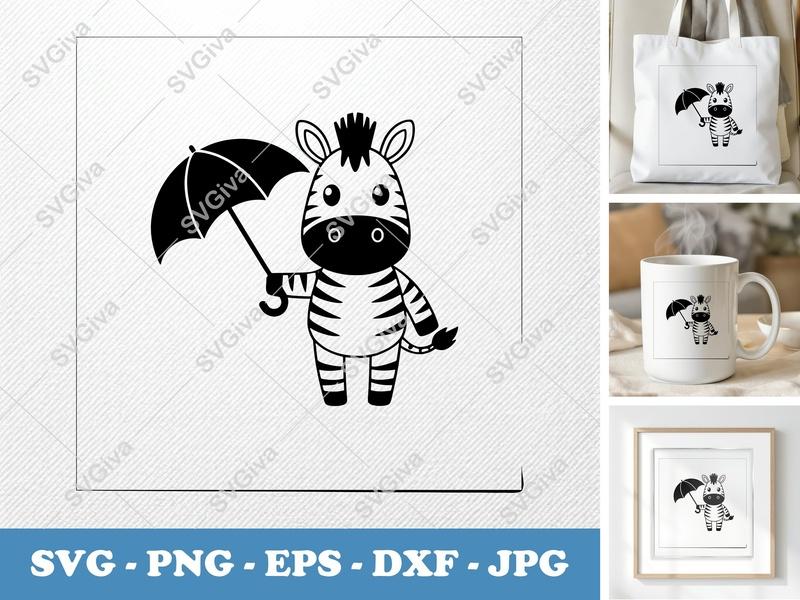 Zebra SVG, Cute Zebra with Umbrella Cut File, Cartoon Animal PNG EPS DXF for Cricut, Silhouette, Kids Craft, Nursery Decor