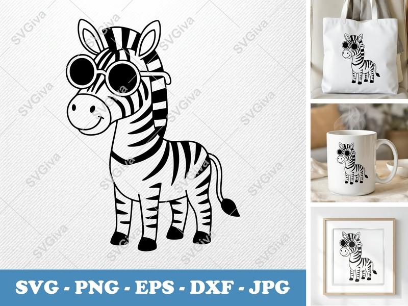 Zebra SVG wearing sunglasses | Bold Contour, Simple Character | PNG DXF EPS | Cricut Silhouette Cut File