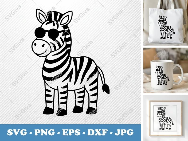 Zebra Wearing Sunglasses SVG | Cool Animal Cut File PNG DXF EPS for Cricut Silhouette