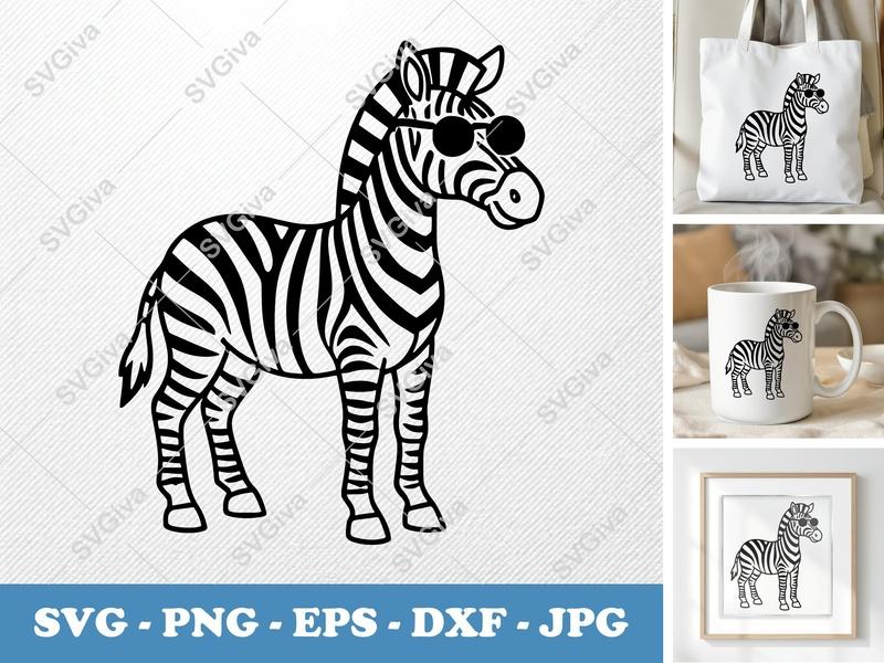 Zebra Wearing Sunglasses SVG PNG DXF EPS | Cool Animal Cut File Cricut Silhouette