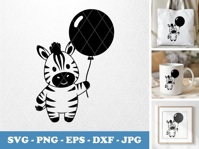 Zebra with balloon, Puffy Style SVG, PNG, EPS, DXF, Cute Animal Cut File, Cricut, Silhouette, Vector Design