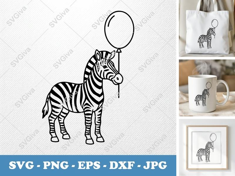 Zebra with Balloon SVG PNG DXF EPS | Animal Cut File Cricut Silhouette Vector
