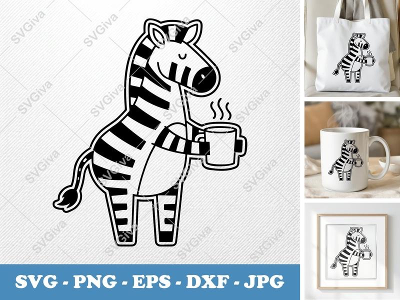 Zebra with Coffee Cup SVG | Double-Outline Cartoon Cut File | Thick Contour Minimalist Design | PNG DXF EPS for Cricut Silhouette