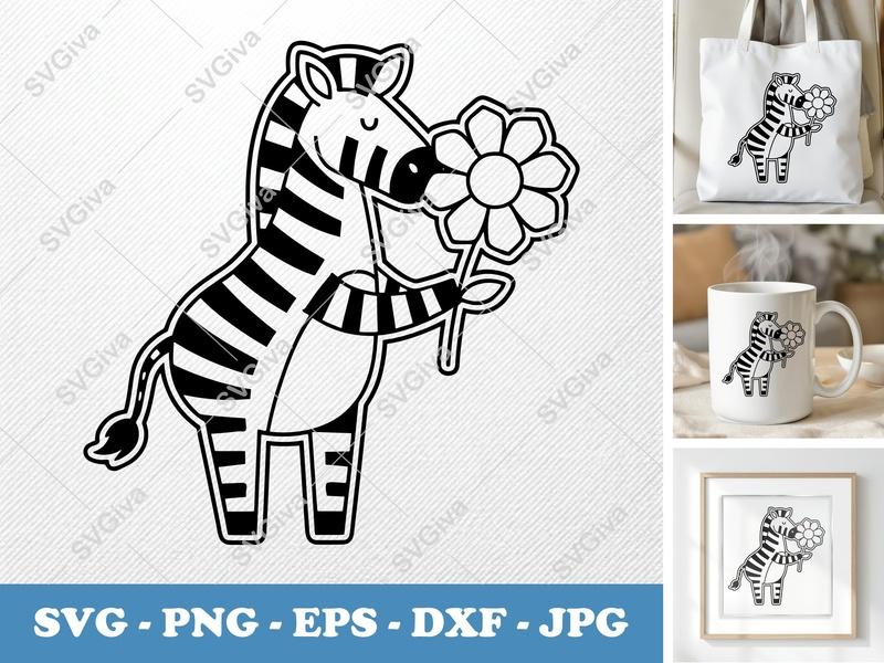 Zebra with Flower SVG | Double-Outline Look, Minimalist Design | PNG DXF EPS | Cricut Silhouette File