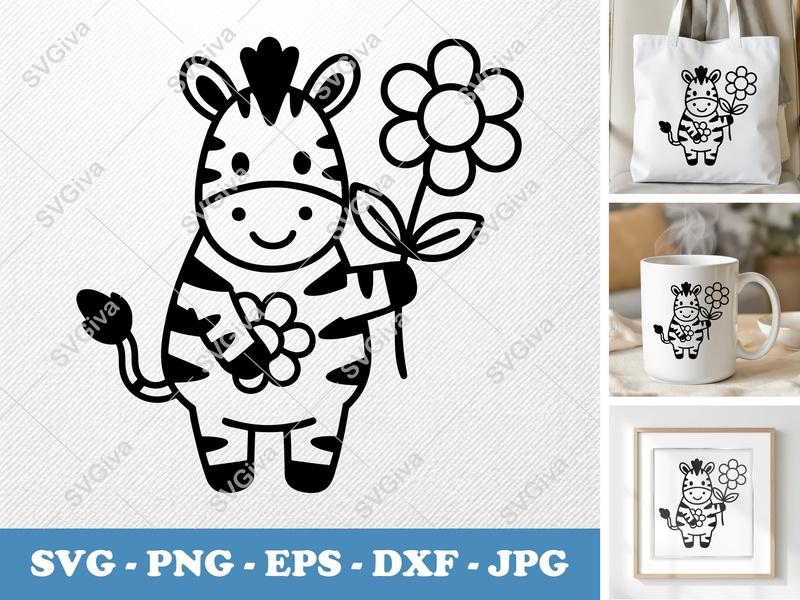Zebra with Flower SVG | Friendly Rounded Body Bean-Shaped Cut File | PNG DXF EPS for Cricut Silhouette