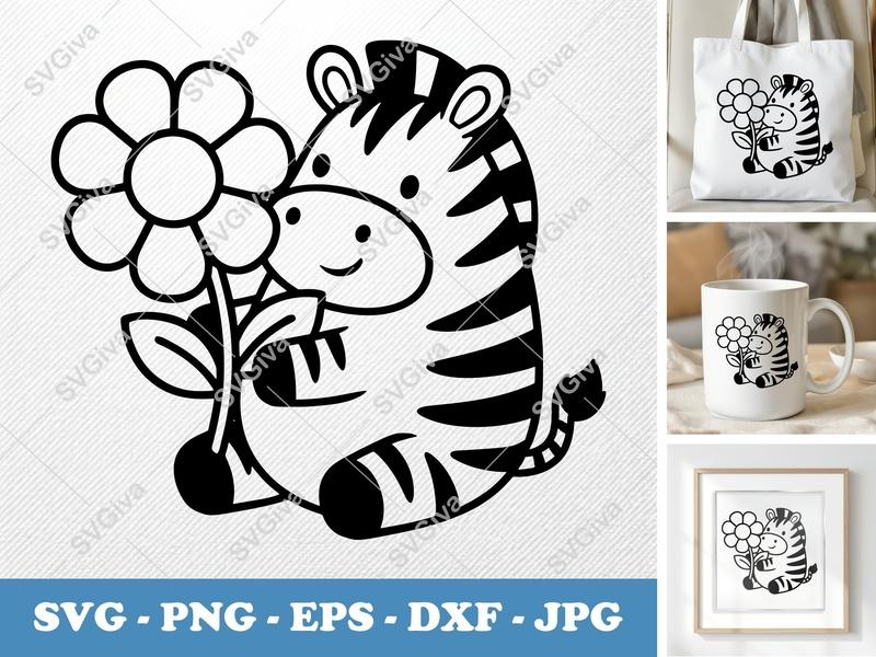 Zebra with Flower SVG | Puffy Pillow-Soft Forms | PNG DXF EPS | Cricut Silhouette File