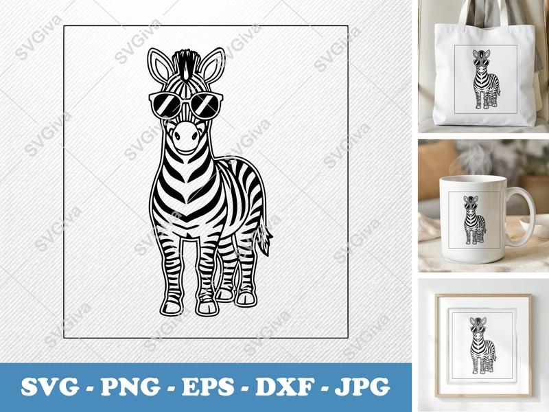 Zebra with Sunglasses SVG, Cool Animal PNG, EPS, DXF Cut File for Cricut & Silhouette, Modern Striped Design