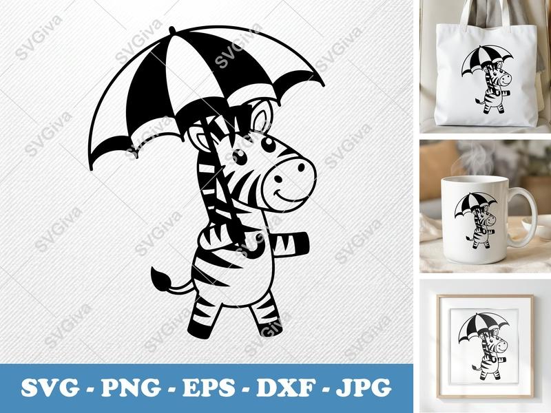 Zebra with Umbrella SVG, Cute Cartoon Animal PNG EPS DXF | Cricut Silhouette Cut File, Kids Craft Design