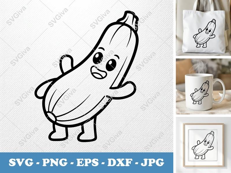 Zucchini SVG Cut File | Cartoon Vegetable Clipart, Kawaii Zucchini, Black Outline | PNG EPS DXF for Cricut Silhouette
