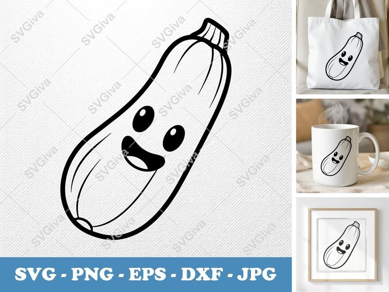 Zucchini SVG Cut File, Happy Cartoon Zucchini Vector, Kawaii Vegetable Clipart, PNG EPS DXF for Cricut, Silhouette