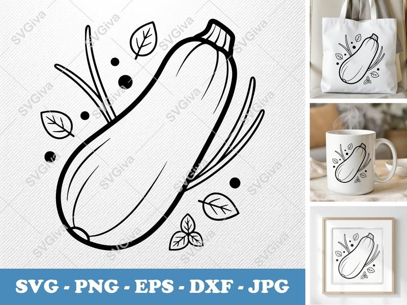 Zucchini SVG Cut File | Modern Vegetable Design, Leaves, Herbs | PNG EPS DXF for Cricut, Silhouette, Kitchen Decor