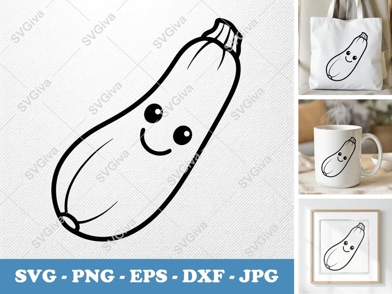 Zucchini SVG Happy Face | Cute Vegetable Line Art, Kawaii Food, PNG EPS DXF for Cricut & Silhouette