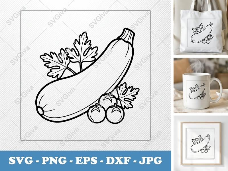 Zucchini with Garnish SVG | Bold Contour, Minimalist | PNG DXF EPS | Cricut Silhouette Cut File