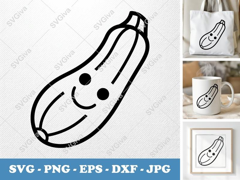 Zucchini with Smiling Face SVG | Minimalist Double-Outline Cut File for Cricut, Silhouette | PNG, DXF, EPS